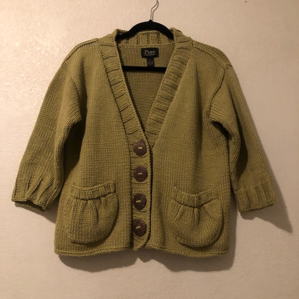 Pure Handknit Anthropologies Sweater 3/4 Sleeve Green